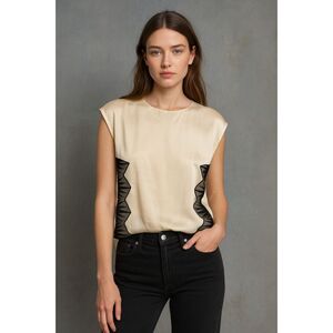 Sandro Paris White Silk Black Lace Tank Top Shirt Blouse  Women's Size 1 Small